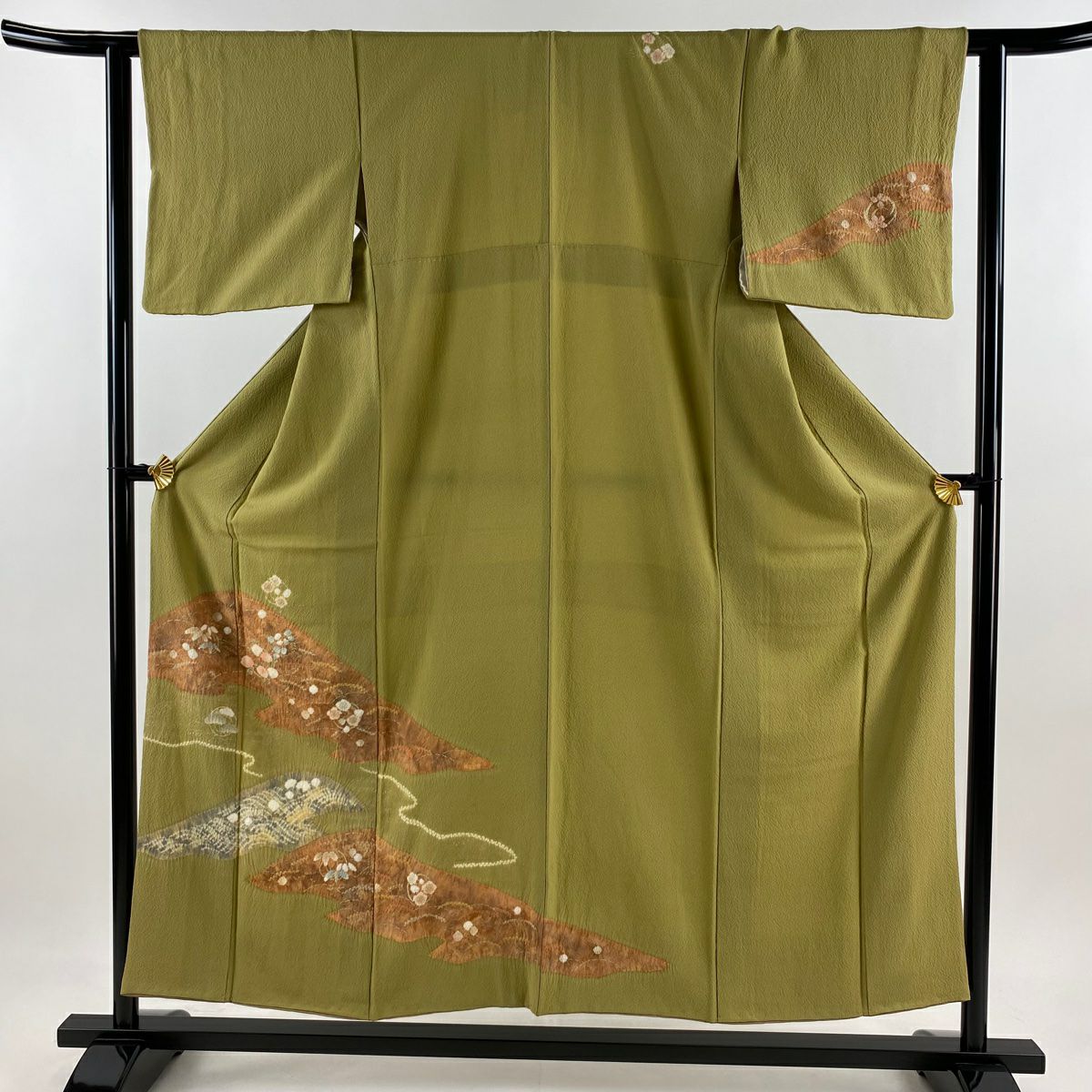 【庫存清倉】訪問服 身長153cm 袖長62cm S 雙層 山 松樹竹子梅花 金銀彩 絞染 鶯色 純蠶絲 美品 秀品級