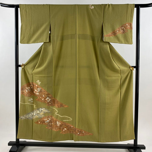 【庫存清倉】訪問服 身長153cm 袖長62cm S 雙層 山 松樹竹子梅花 金銀彩 絞染 鶯色 純蠶絲 美品 秀品級