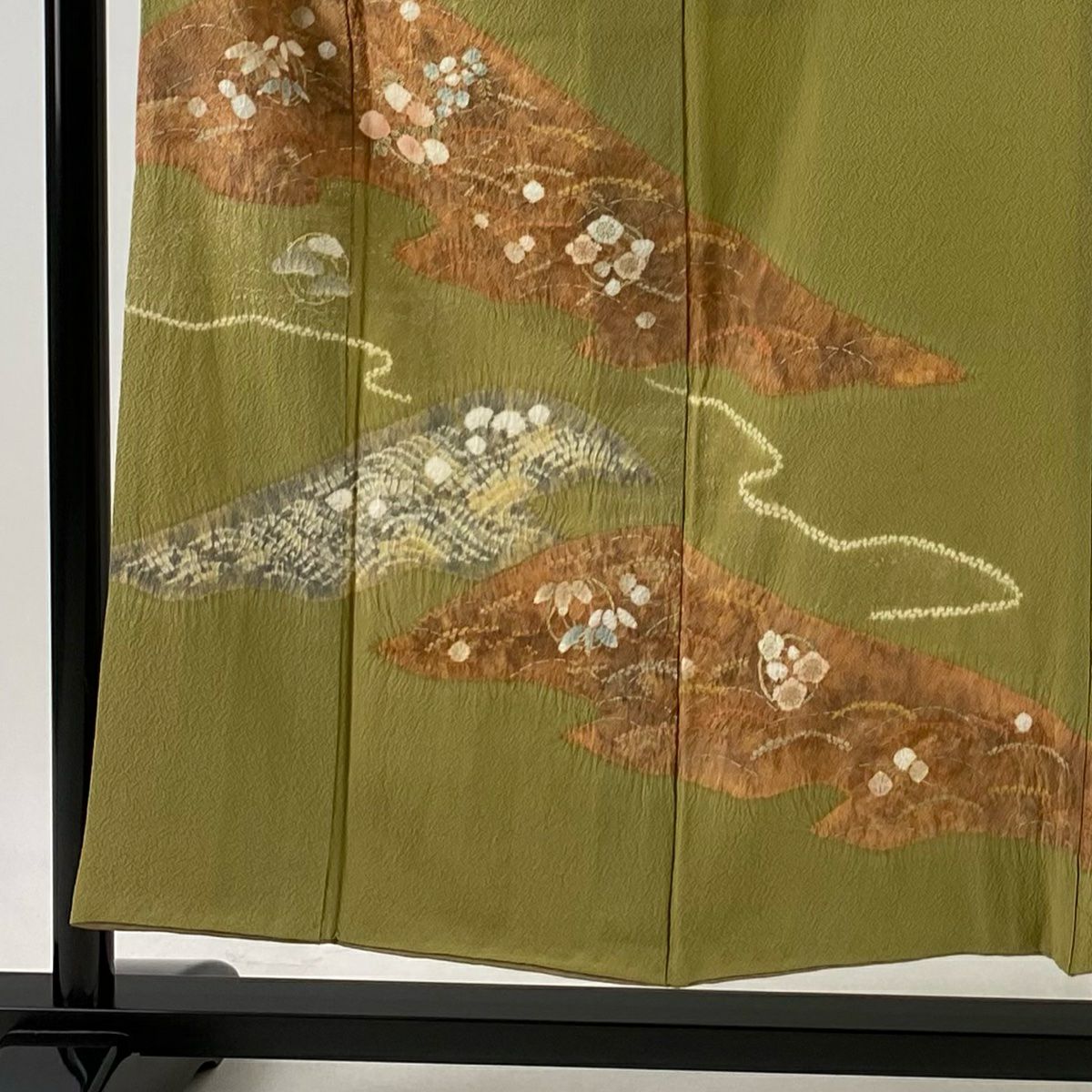 【庫存清倉】訪問服 身長153cm 袖長62cm S 雙層 山 松樹竹子梅花 金銀彩 絞染 鶯色 純蠶絲 美品 秀品級