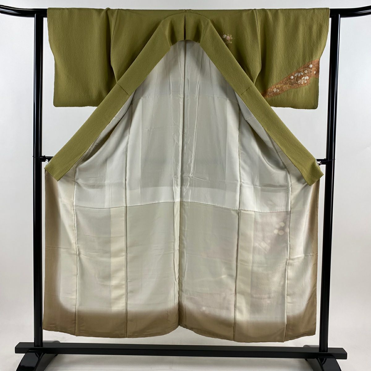 【庫存清倉】訪問服 身長153cm 袖長62cm S 雙層 山 松樹竹子梅花 金銀彩 絞染 鶯色 純蠶絲 美品 秀品級