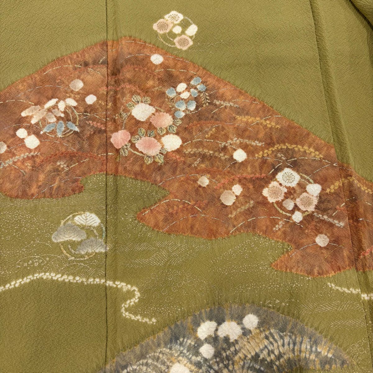 【庫存清倉】訪問服 身長153cm 袖長62cm S 雙層 山 松樹竹子梅花 金銀彩 絞染 鶯色 純蠶絲 美品 秀品級