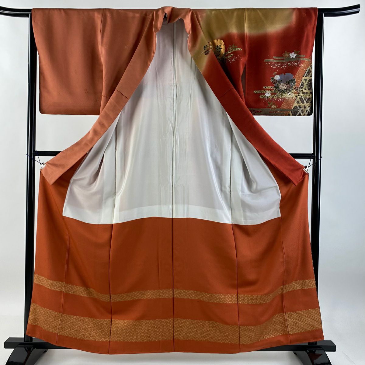 【庫存清倉】訪問服 身長160cm 袖長65.5cm M 雙層 櫻花 ヱ霞 刺繡 金銀彩 茜 純蠶絲 優品級