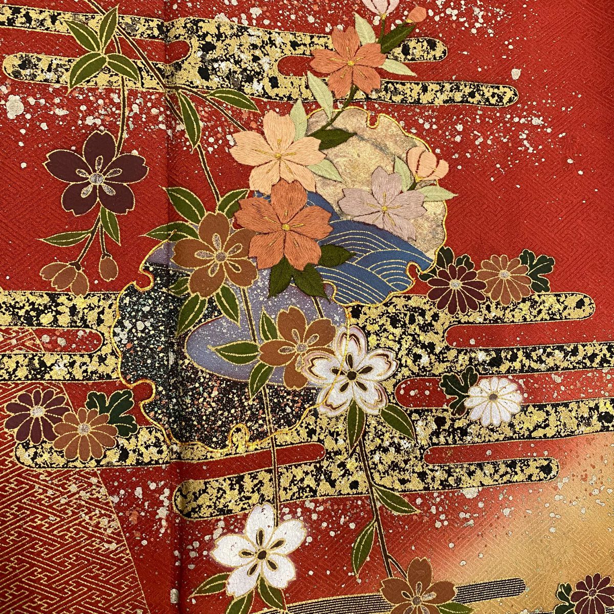 【庫存清倉】訪問服 身長160cm 袖長65.5cm M 雙層 櫻花 ヱ霞 刺繡 金銀彩 茜 純蠶絲 優品級