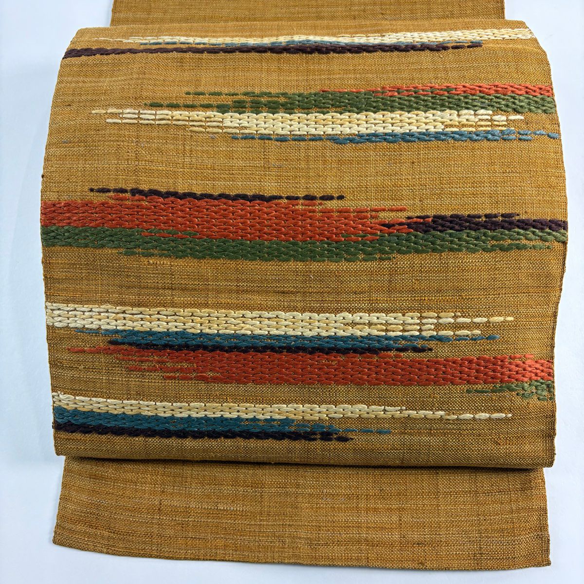【庫存清倉】名古屋帶 美品 秀品級 八寸名古屋帶 松樹葉仕立 霞 山吹 純蠶絲