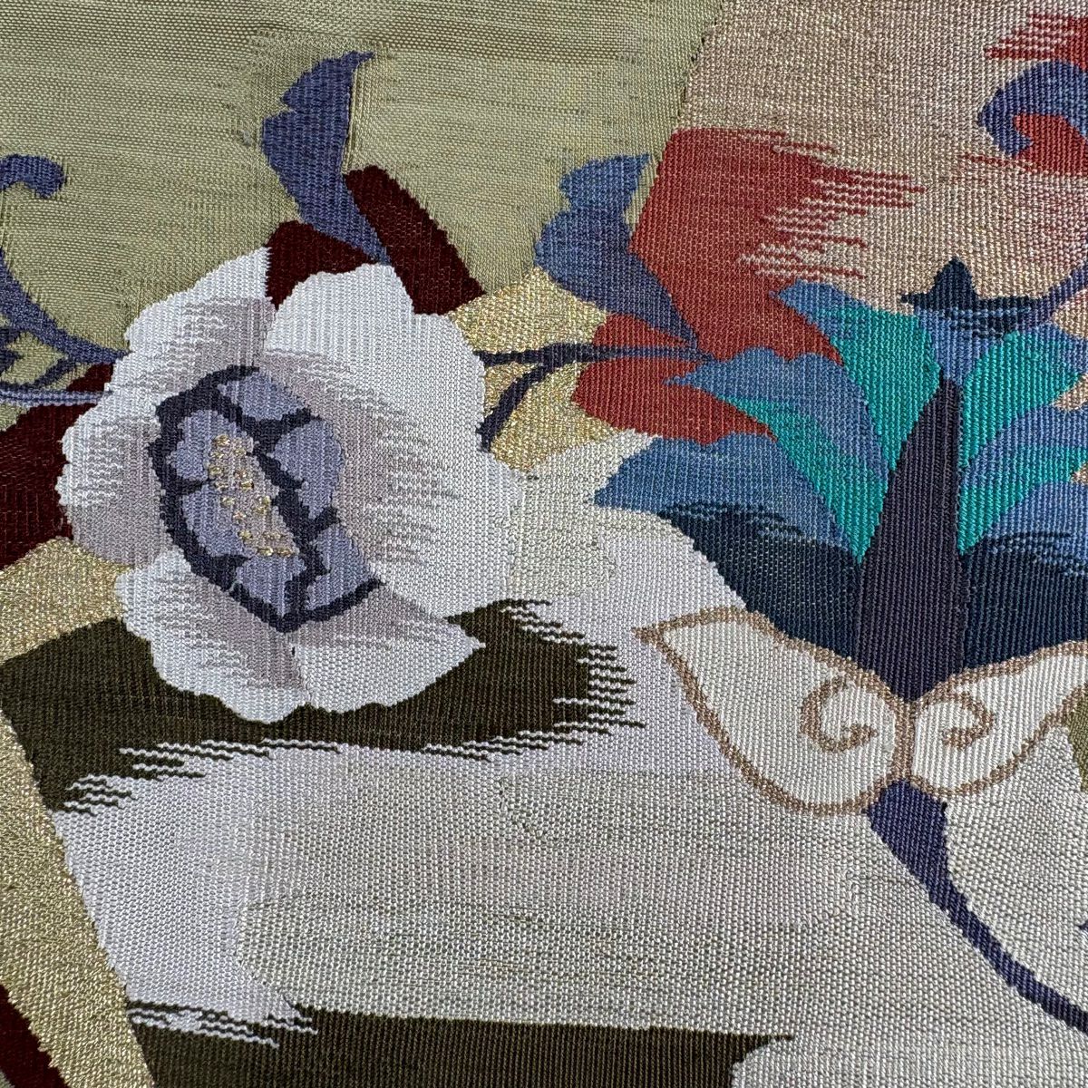 【庫存清倉】 袋帶 美品 秀品級 關西仕立 雜草色 大鼓圖案 純蠶絲