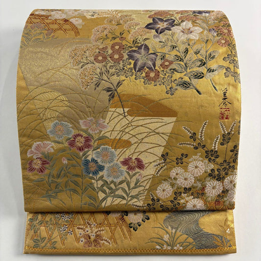 【庫存清倉】 袋帶 美品 秀品級 有落款 秋草 扇子面 金絲 刺繡 金色 六通 純蠶絲