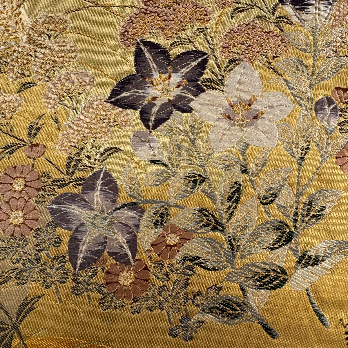 【庫存清倉】 袋帶 美品 秀品級 有落款 秋草 扇子面 金絲 刺繡 金色 六通 純蠶絲