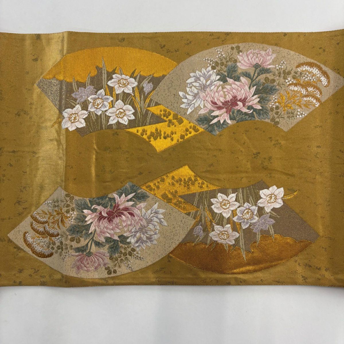 【庫存清倉】 袋帶 美品 秀品級 有落款 秋草 扇子面 金絲 刺繡 金色 六通 純蠶絲