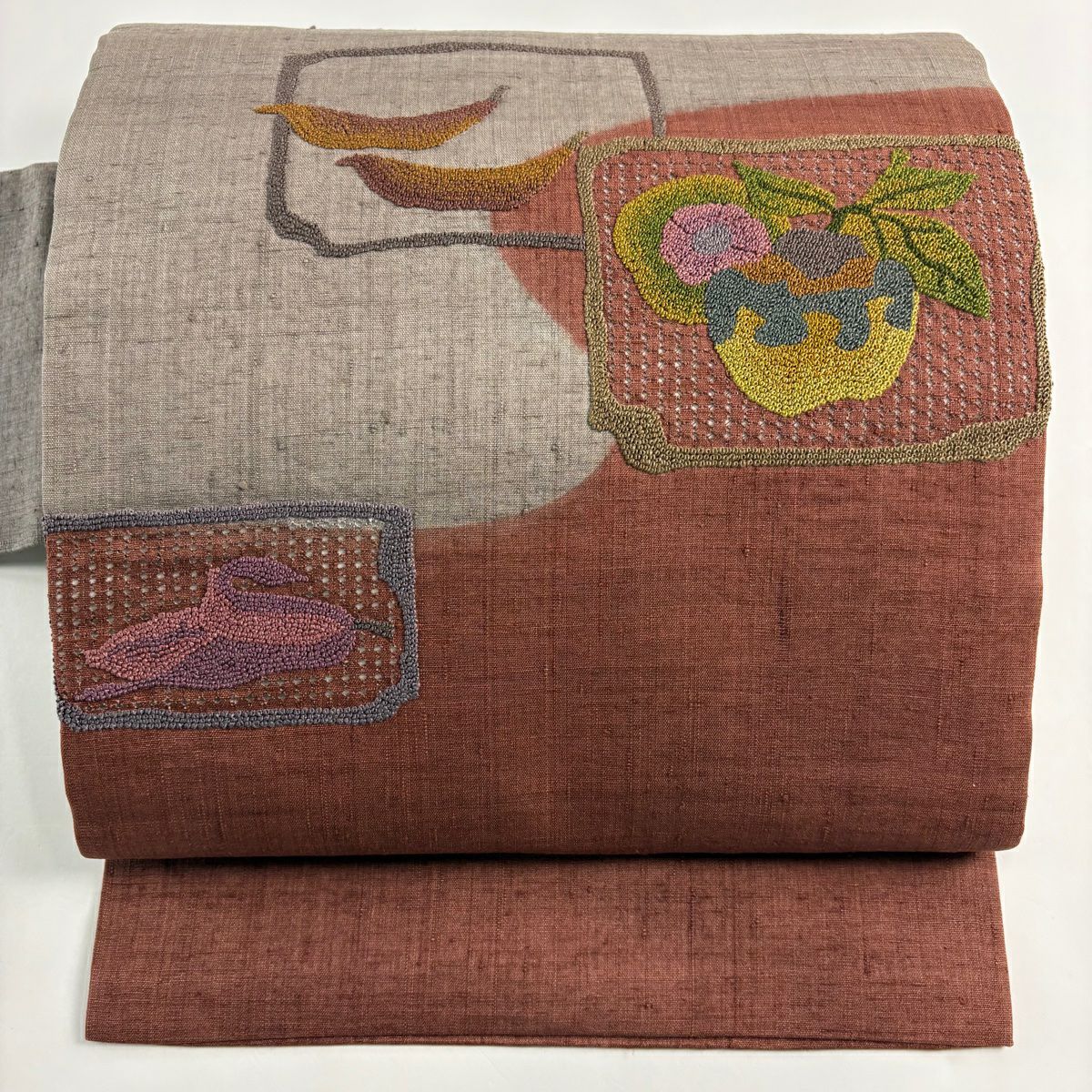 【庫存清倉】 名古屋帶 優品級 紬織織 生物 刺繡 相良刺繡 灰紫 純蠶絲