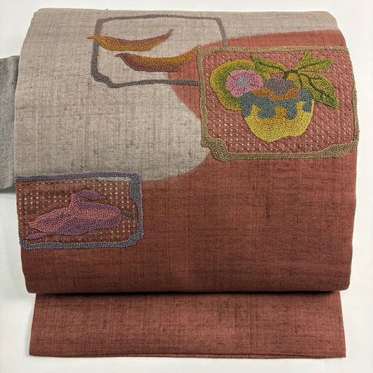 【庫存清倉】 名古屋帶 優品級 紬織織 生物 刺繡 相良刺繡 灰紫 純蠶絲
