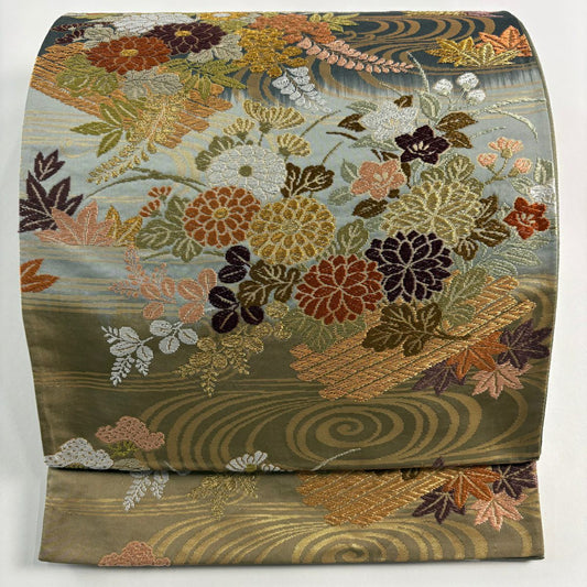 【庫存清倉】 袋帶 美品 秀品級 花筏 流水 金絲 金金箔 灰綠 六通 純蠶絲