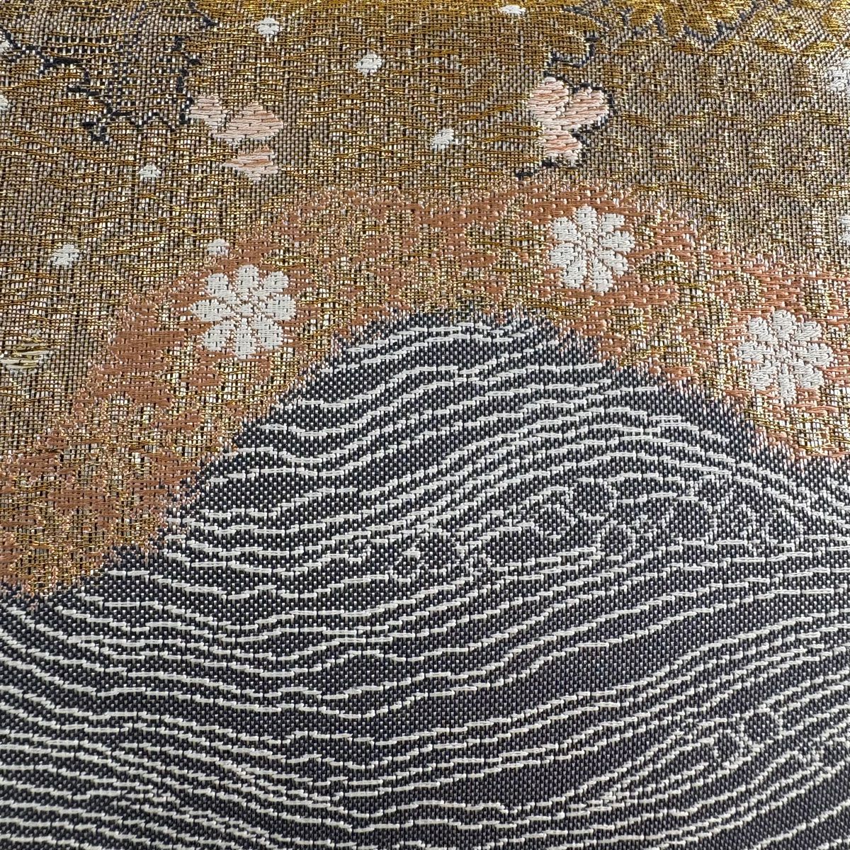 【庫存清倉】 袋帶 美品 秀品級 草花紋紋 波紋 金絲 金金箔 青灰 深藍色 六通 純蠶絲