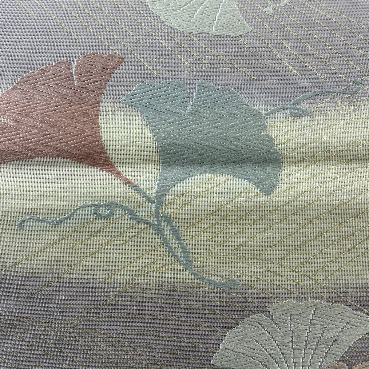 【庫存清倉】 袋帶 優品級 夏帶 絽 段紋 銀杏 金絲 唐織 米色 六通 純蠶絲