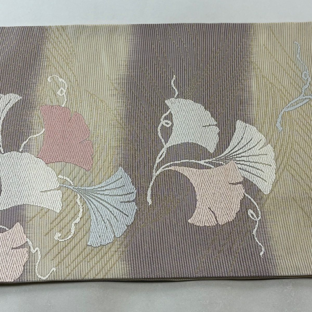 【庫存清倉】 袋帶 優品級 夏帶 絽 段紋 銀杏 金絲 唐織 米色 六通 純蠶絲