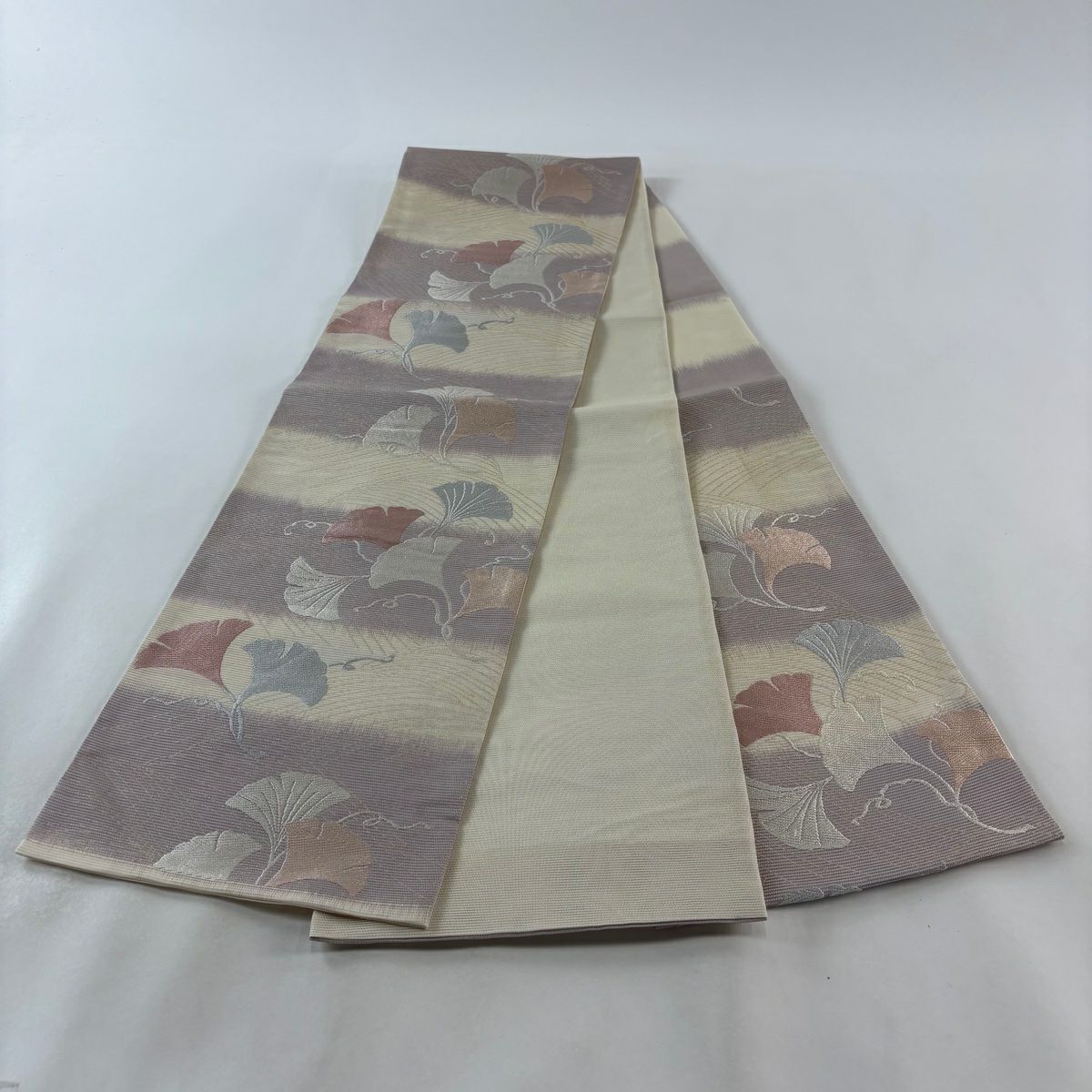 【庫存清倉】 袋帶 優品級 夏帶 絽 段紋 銀杏 金絲 唐織 米色 六通 純蠶絲