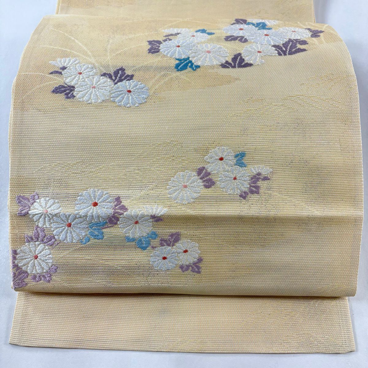 【庫存清倉】 袋帶 美品 秀品級 夏帶 紗 菊花花 霞 金金箔 米色 六通 純蠶絲