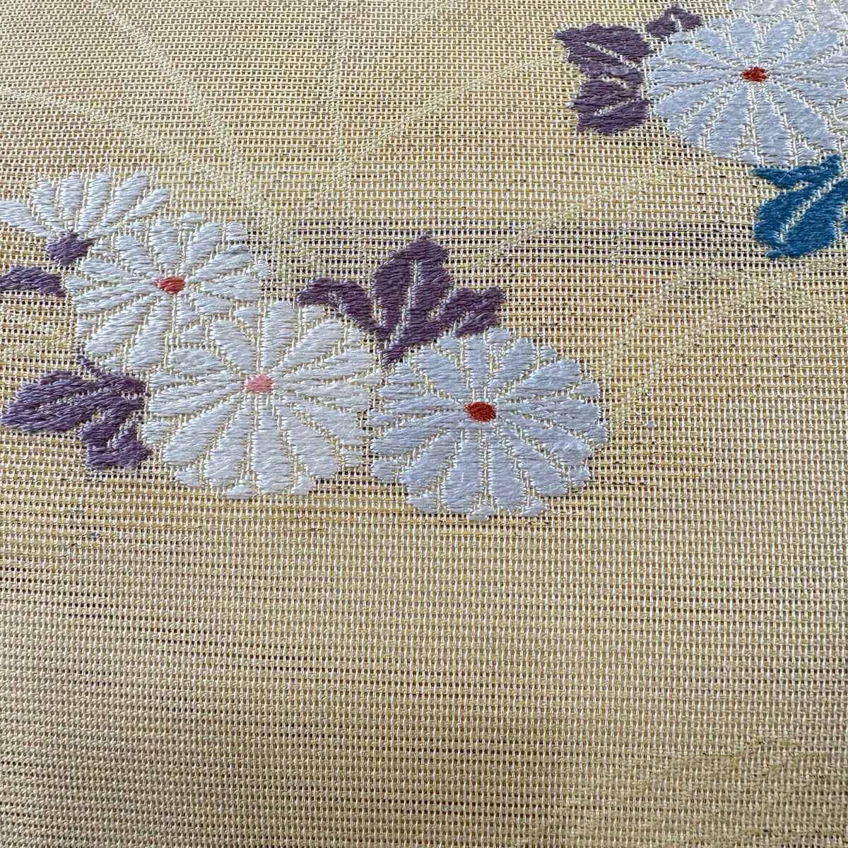 【庫存清倉】 袋帶 美品 秀品級 夏帶 紗 菊花花 霞 金金箔 米色 六通 純蠶絲
