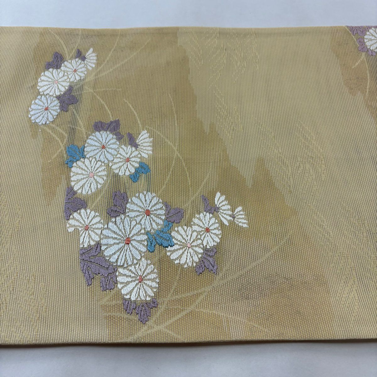 【庫存清倉】 袋帶 美品 秀品級 夏帶 紗 菊花花 霞 金金箔 米色 六通 純蠶絲