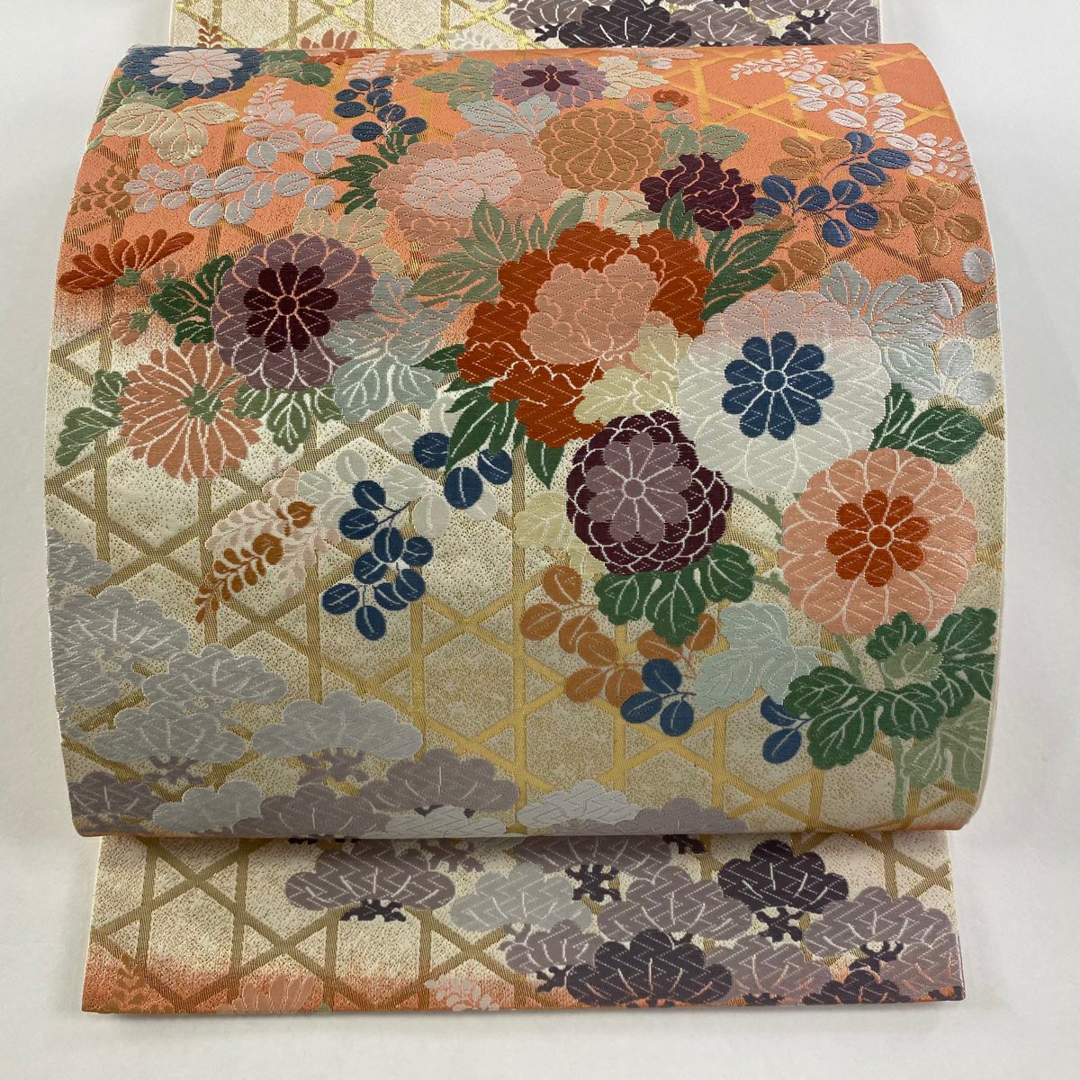 【庫存清倉】 袋帶 美品 秀品級 草花紋紋 籠目 唐織 純金金箔 奶油色 六通 純蠶絲