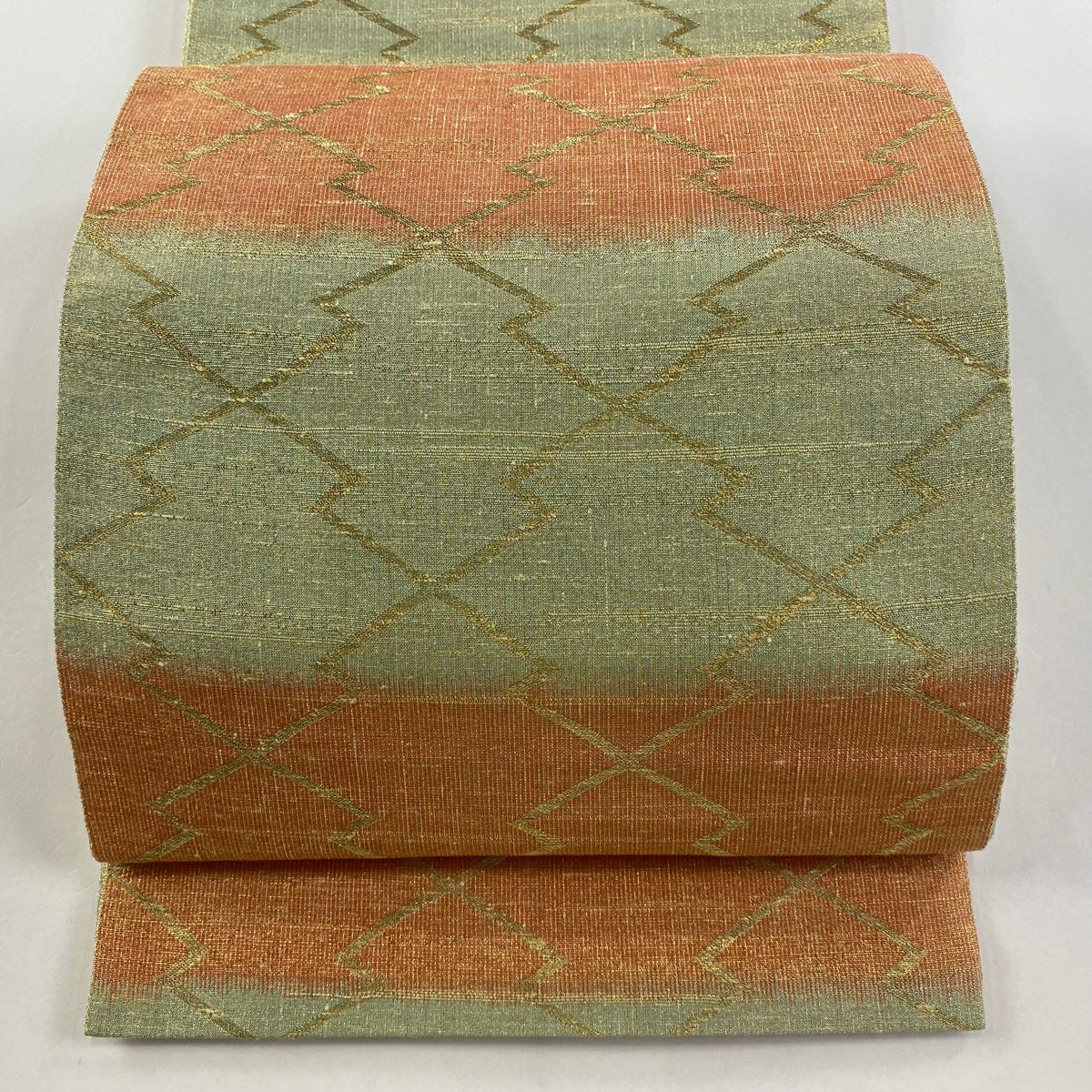 【庫存清倉】 袋帶 美品 秀品級 段紋 金絲 淺綠 全通 純蠶絲