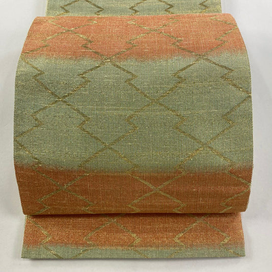 【庫存清倉】 袋帶 美品 秀品級 段紋 金絲 淺綠 全通 純蠶絲