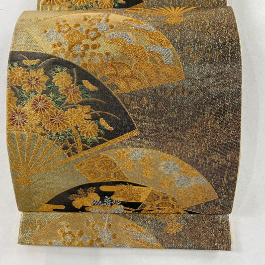 【庫存清倉】 袋帶 美品 秀品級 扇子 菊花 唐織 金金箔 金色 六通 純蠶絲