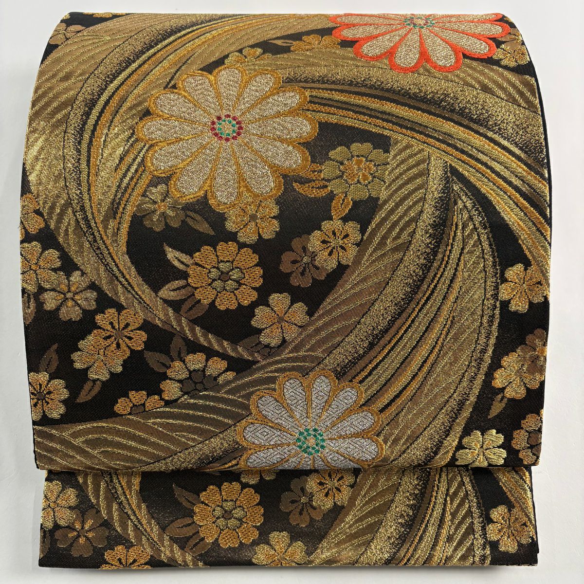 【庫存清倉】 袋帶 美品 秀品級 花 波 金絲 金金箔 黑 六通 純蠶絲