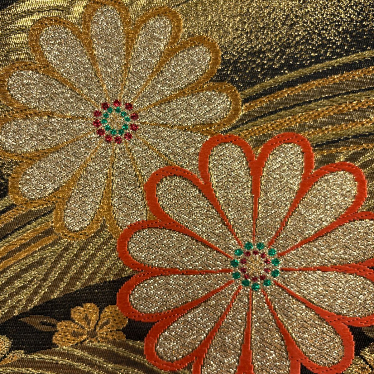 【庫存清倉】 袋帶 美品 秀品級 花 波 金絲 金金箔 黑 六通 純蠶絲
