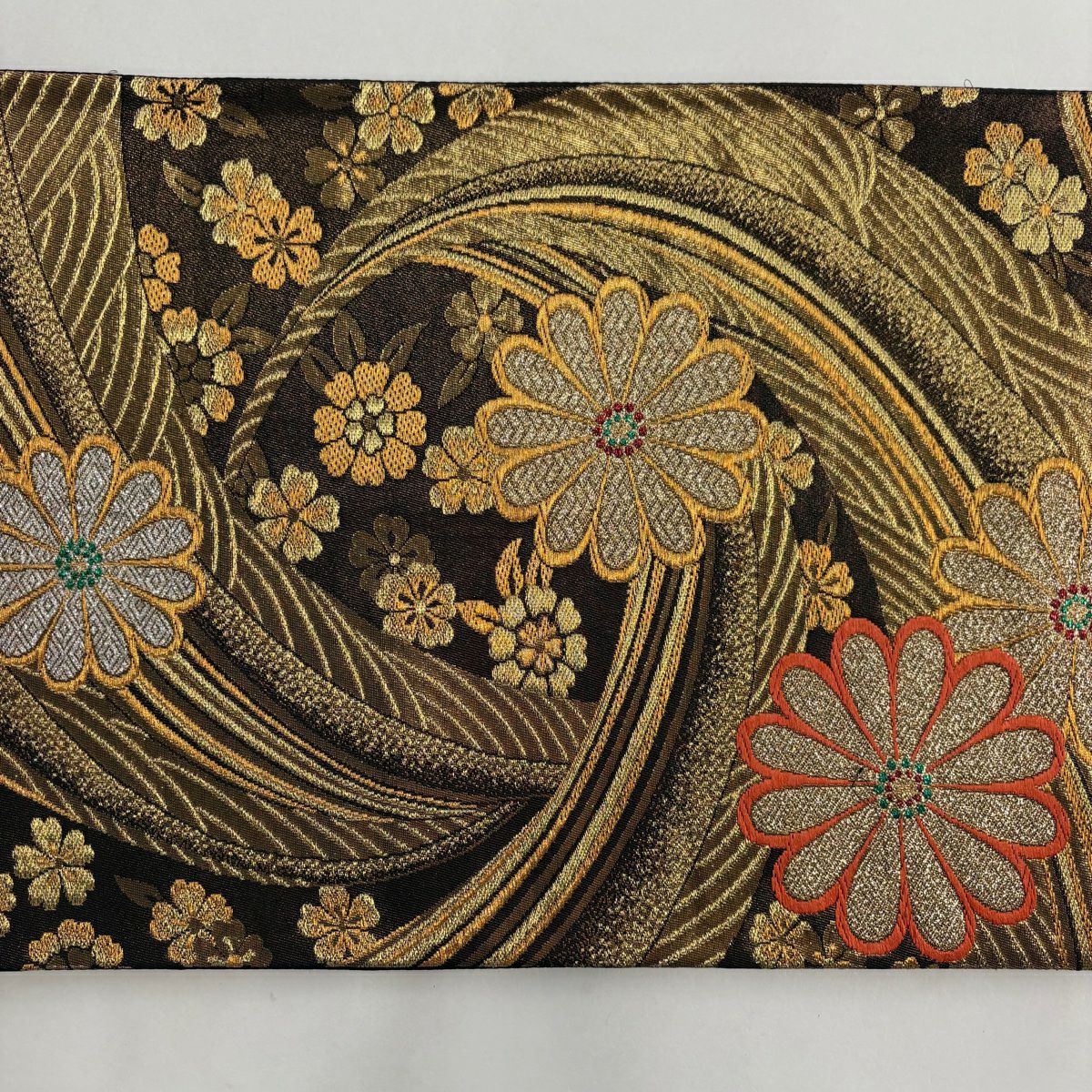 【庫存清倉】 袋帶 美品 秀品級 花 波 金絲 金金箔 黑 六通 純蠶絲