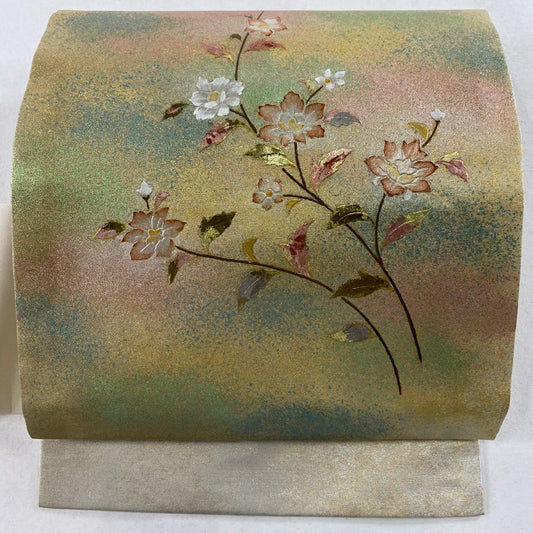【庫存清倉】 名古屋帶 優品級 草花紋紋 金銀彩 淺綠 純蠶絲
