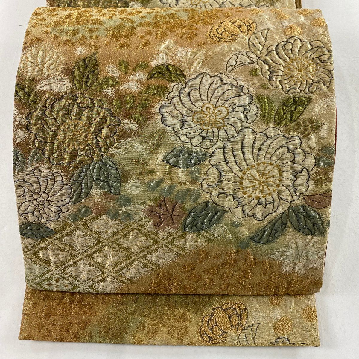 【庫存清倉】 袋帶 美品 秀品級 關西仕立 草花紋紋 菱形 金金箔 茶 六通 純蠶絲
