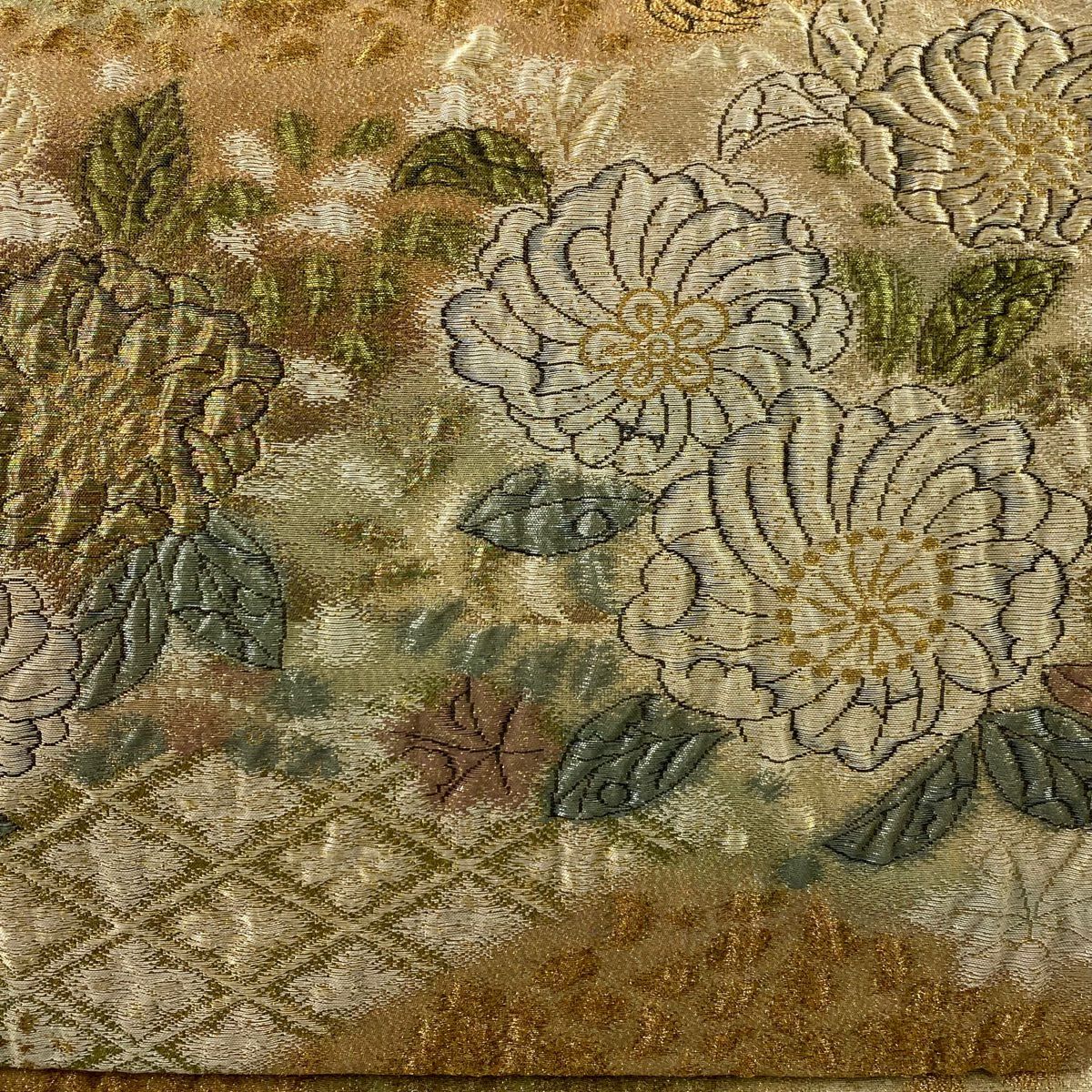 【庫存清倉】 袋帶 美品 秀品級 關西仕立 草花紋紋 菱形 金金箔 茶 六通 純蠶絲