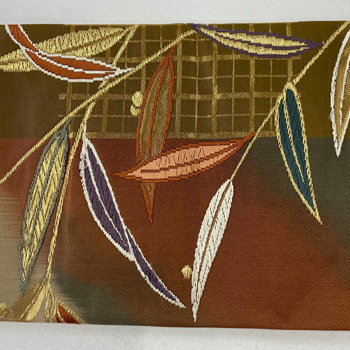 【庫存清倉】 名古屋帶 優品級 竹子葉 金絲 金金箔 紅茶 純蠶絲