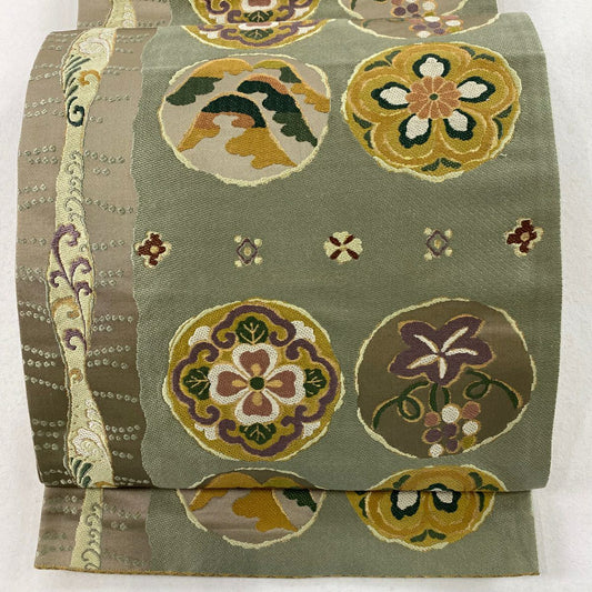 【庫存清倉】 袋帶 美品 秀品級 華紋 葡萄 金金箔 灰綠 六通 純蠶絲