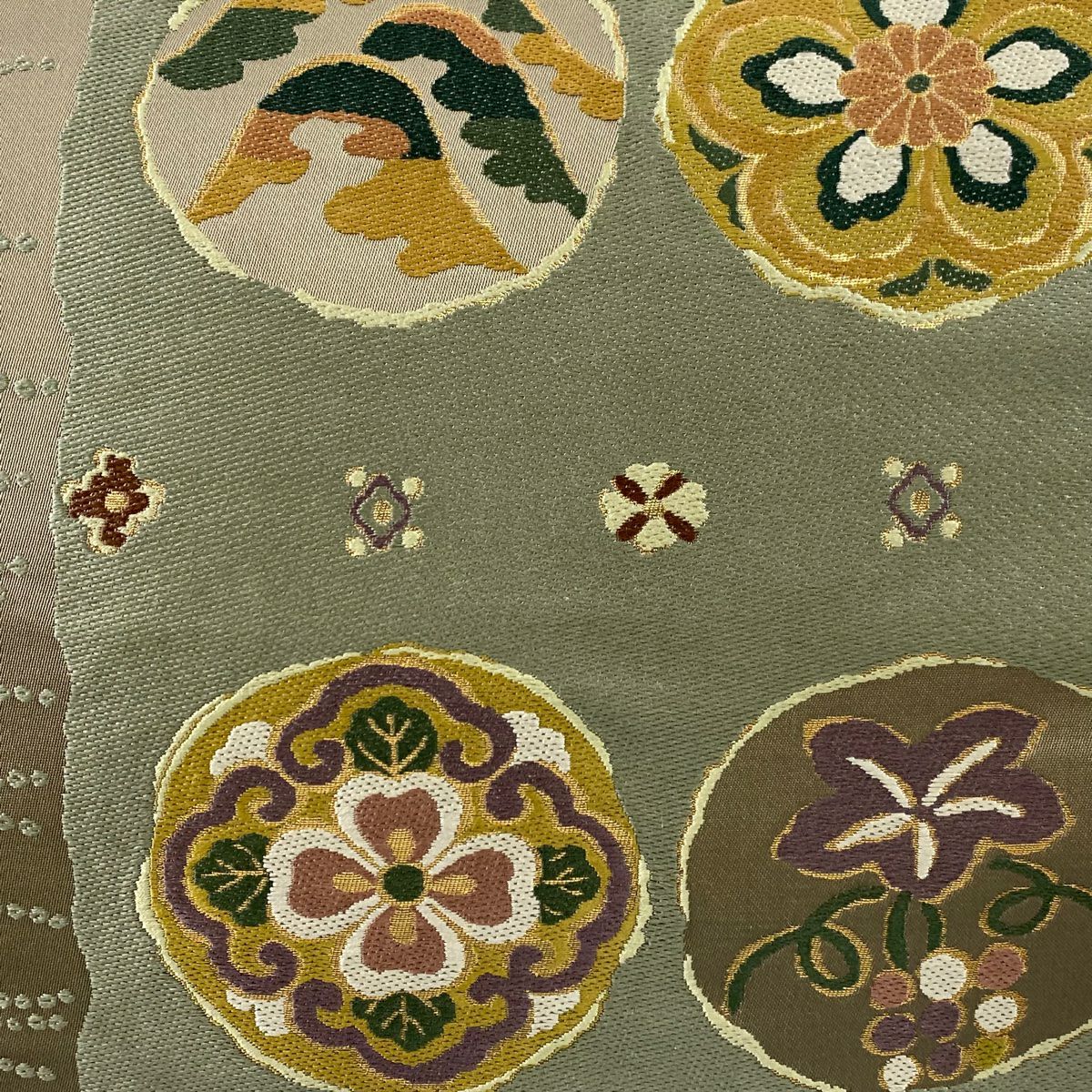 【庫存清倉】 袋帶 美品 秀品級 華紋 葡萄 金金箔 灰綠 六通 純蠶絲