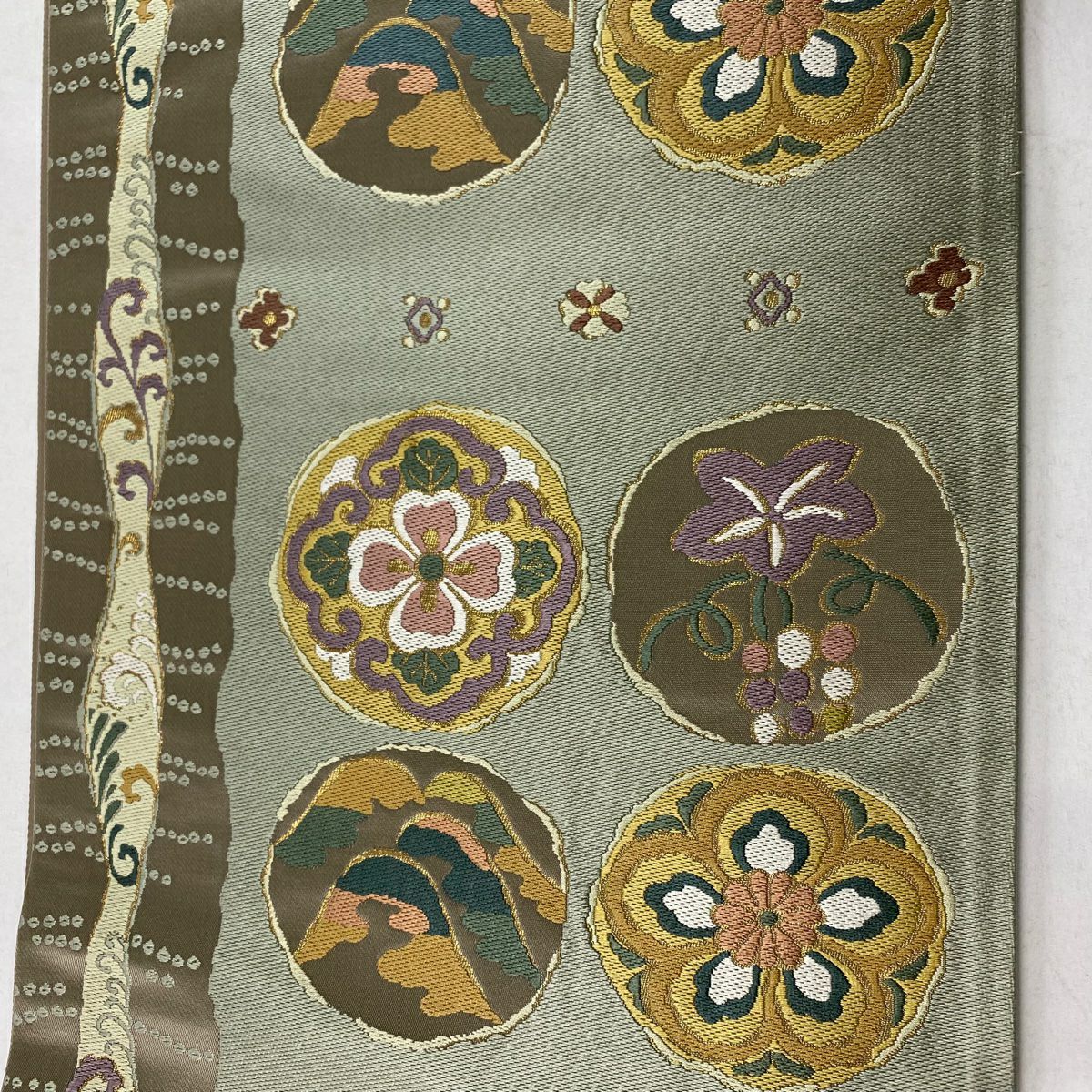 【庫存清倉】 袋帶 美品 秀品級 華紋 葡萄 金金箔 灰綠 六通 純蠶絲