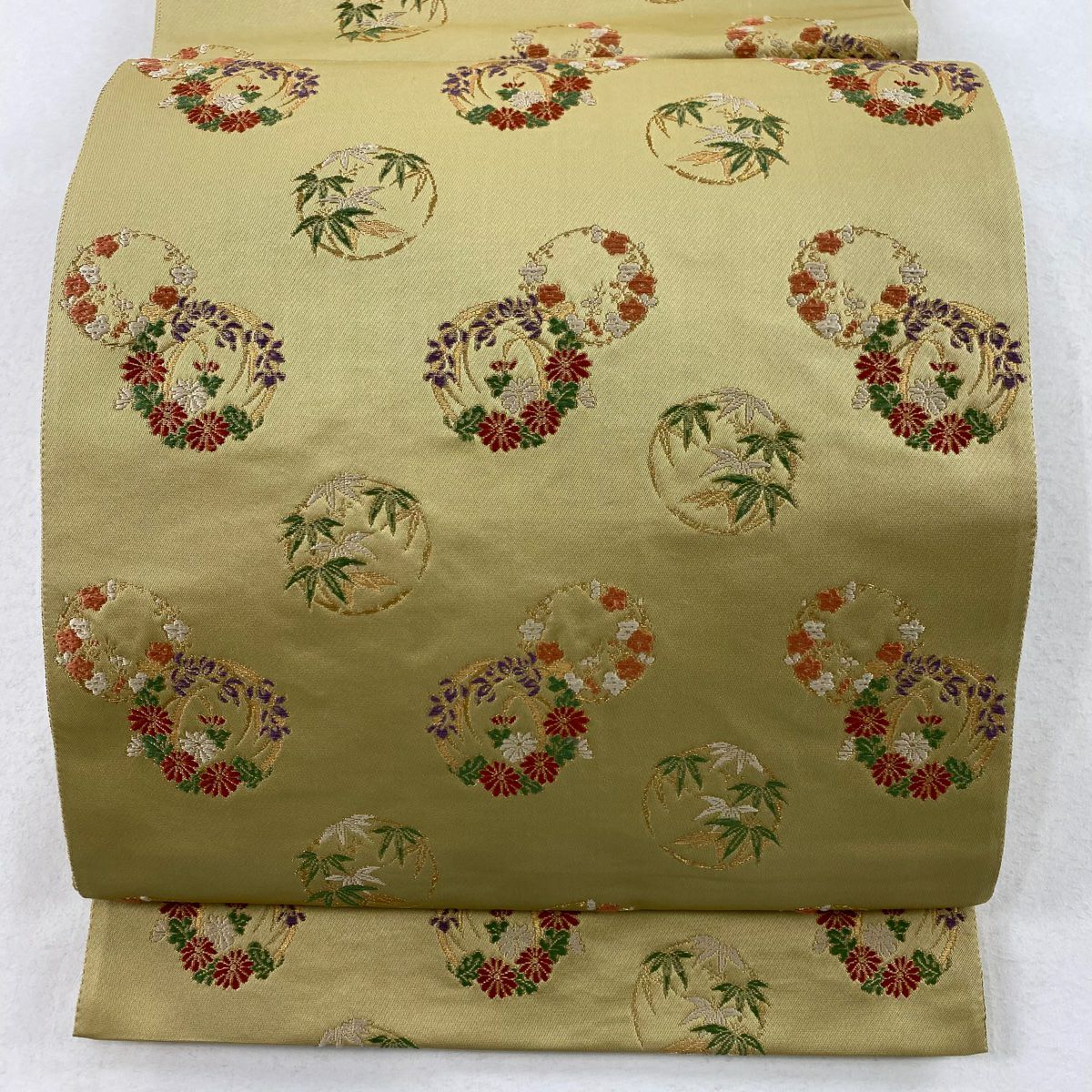 【庫存清倉】 袋帶 美品 秀品級 花丸紋 金絲 米色 六通 純蠶絲