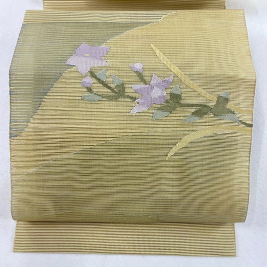 【清倉特賣】 名古屋帶 優質 夏帶 八寸名古屋帶 絽 松樹葉仕立 扇子面 桔梗 薄黃土 純蠶絲