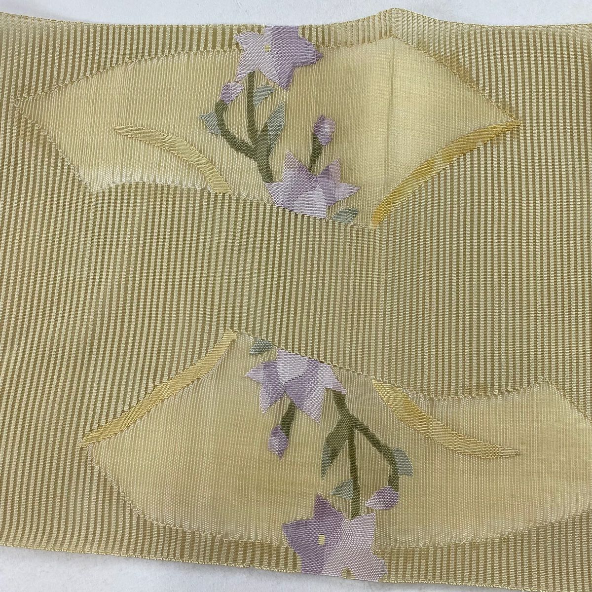 【清倉特賣】 名古屋帶 優質 夏帶 八寸名古屋帶 絽 松樹葉仕立 扇子面 桔梗 薄黃土 純蠶絲