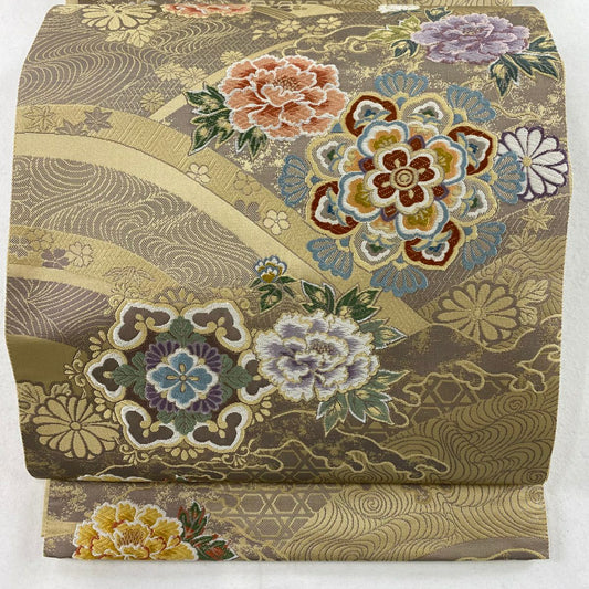 【庫存清倉】 袋帶 美品 優品級 九百織錦 波頭華紋 唐織 薄茶 六通 純蠶絲
