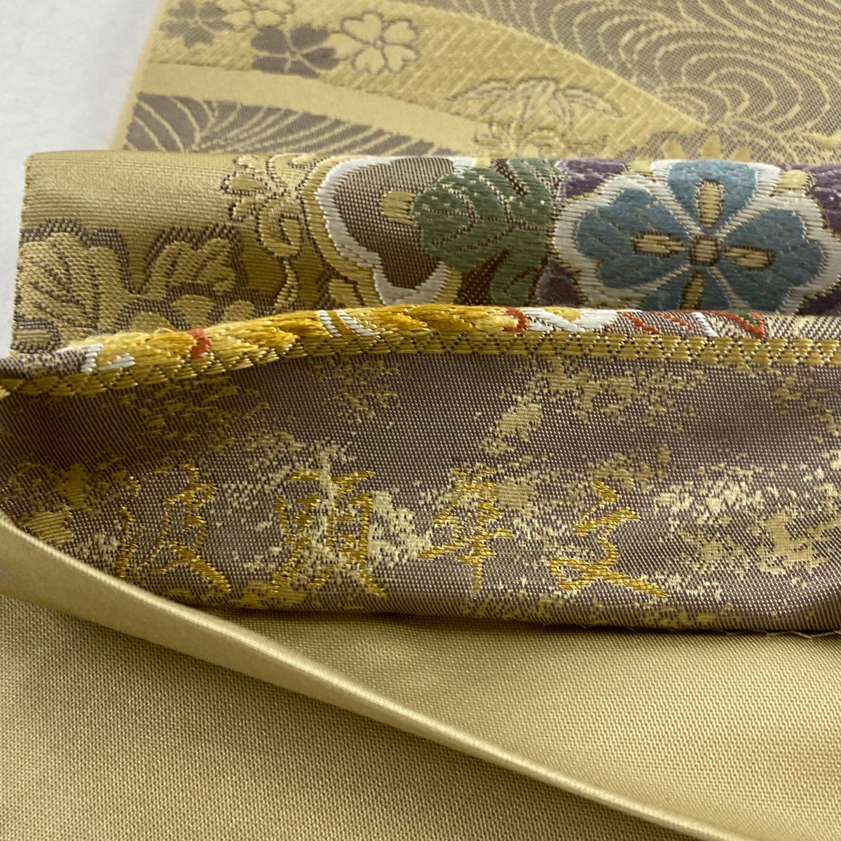 【庫存清倉】 袋帶 美品 優品級 九百織錦 波頭華紋 唐織 薄茶 六通 純蠶絲