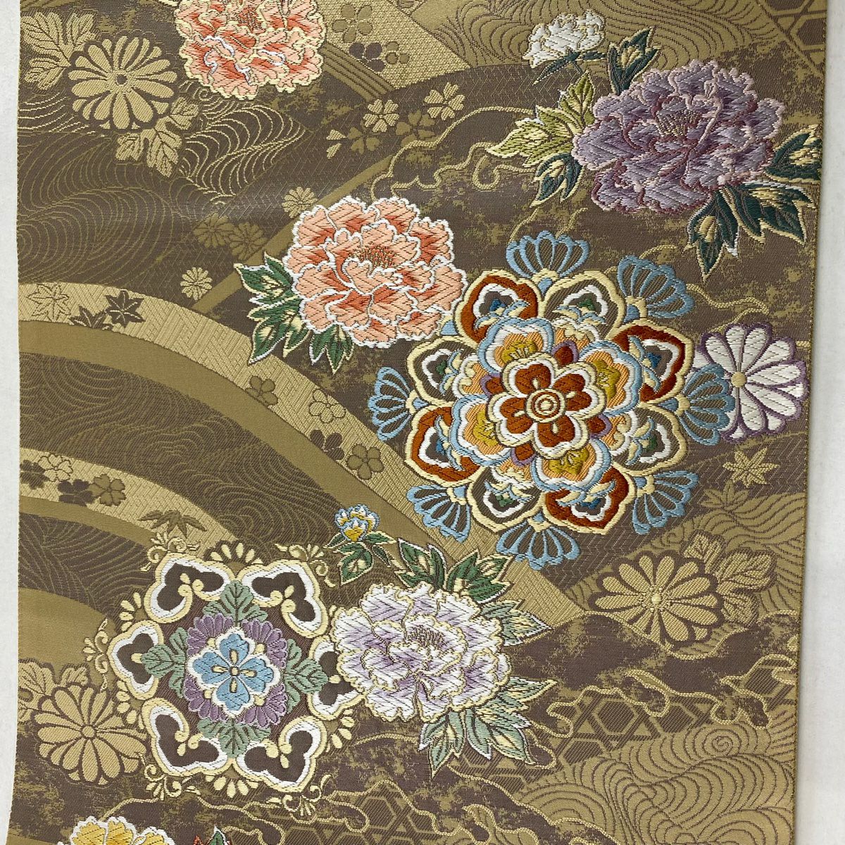 【庫存清倉】 袋帶 美品 優品級 九百織錦 波頭華紋 唐織 薄茶 六通 純蠶絲