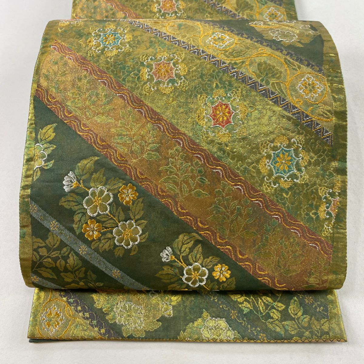【庫存清倉】 袋帶 美品 秀品級 華紋 花鳥 金銀彩 金金箔 艾草色 六通 純蠶絲