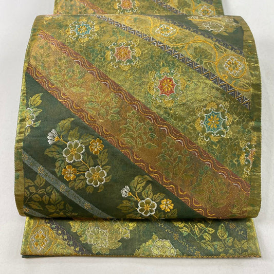 【庫存清倉】 袋帶 美品 秀品級 華紋 花鳥 金銀彩 金金箔 艾草色 六通 純蠶絲