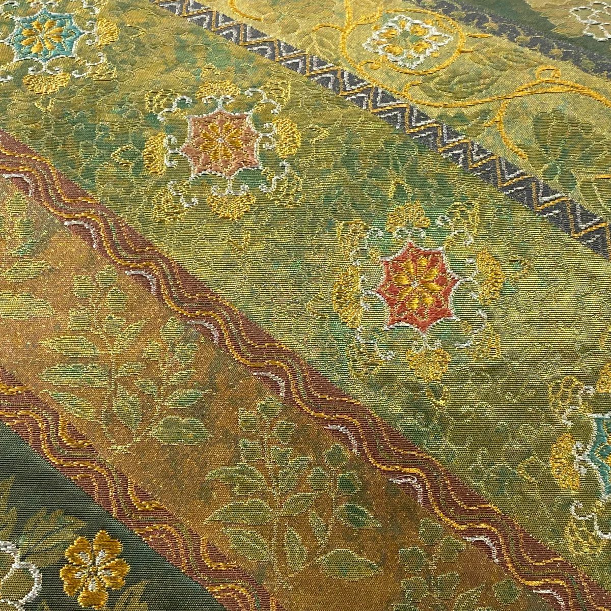 【庫存清倉】 袋帶 美品 秀品級 華紋 花鳥 金銀彩 金金箔 艾草色 六通 純蠶絲