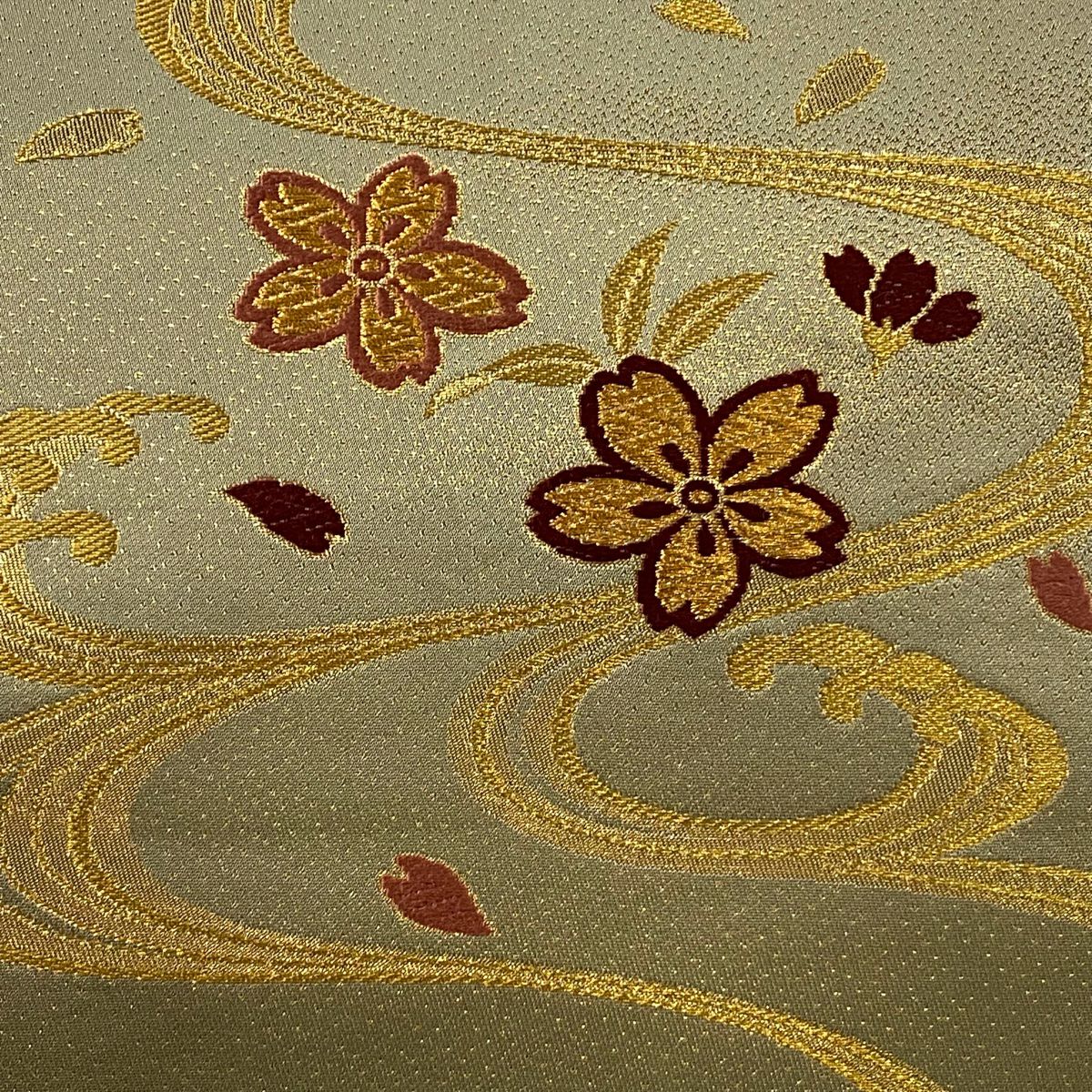 【庫存清倉】 袋帶 美品 秀品級 鈴乃屋 櫻花 流水 金絲 金金箔 灰綠 六通 純蠶絲