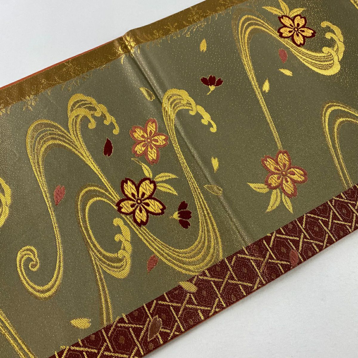 【庫存清倉】 袋帶 美品 秀品級 鈴乃屋 櫻花 流水 金絲 金金箔 灰綠 六通 純蠶絲