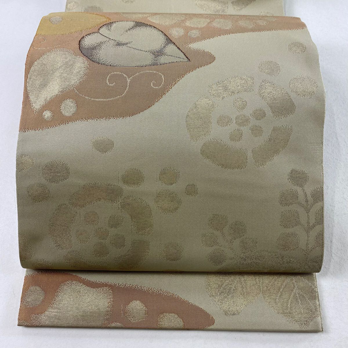 【清倉特賣】 袋帶 優品級 葉紋 桐金金箔 米色 全幅 純蠶絲