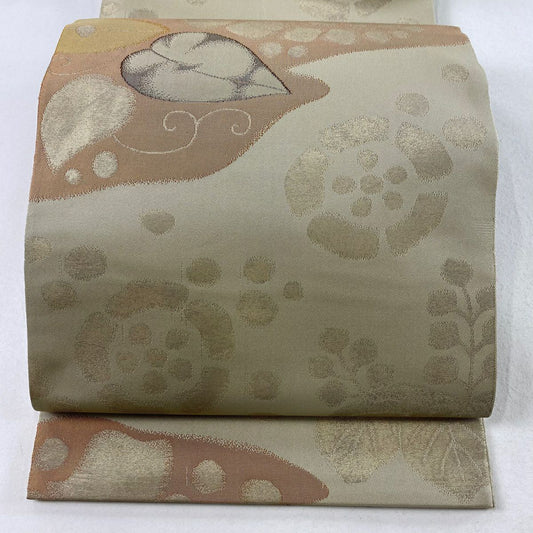【清倉特賣】 袋帶 優品級 葉紋 桐金金箔 米色 全幅 純蠶絲