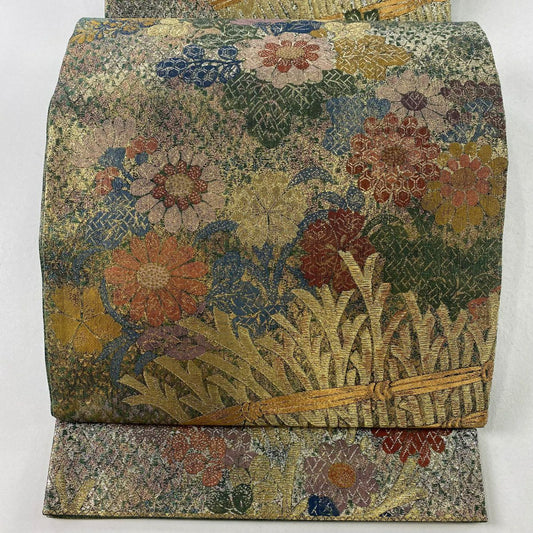 【庫存清倉】 袋帶 美品 秀品級 菊花花 萩花 金金箔 金絲 灰綠 六通 純蠶絲